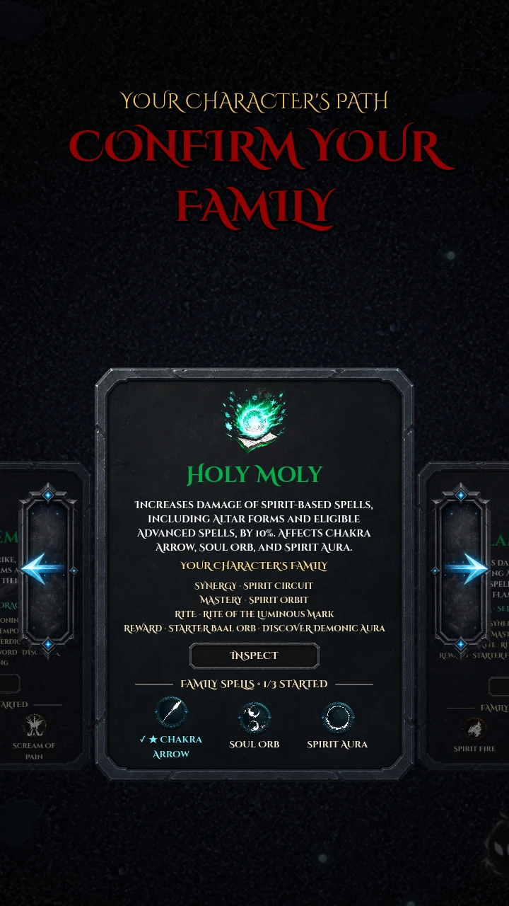 Holy Moly Family confirmation card listing Chakra Arrow, Soul Orb and Spirit Aura, with Spirit Circuit and Spirit Orbit information.