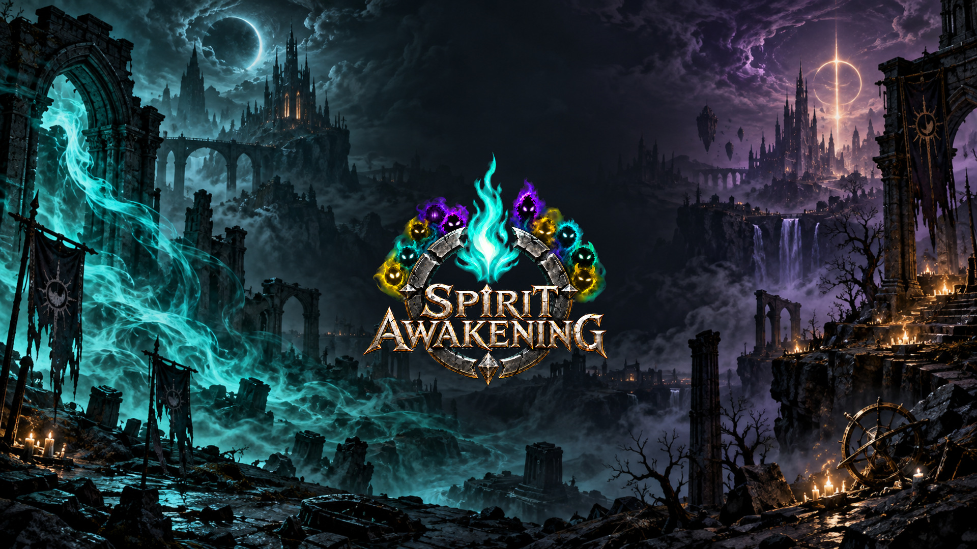 Spirit Awakening amid teal and violet spectral ruins