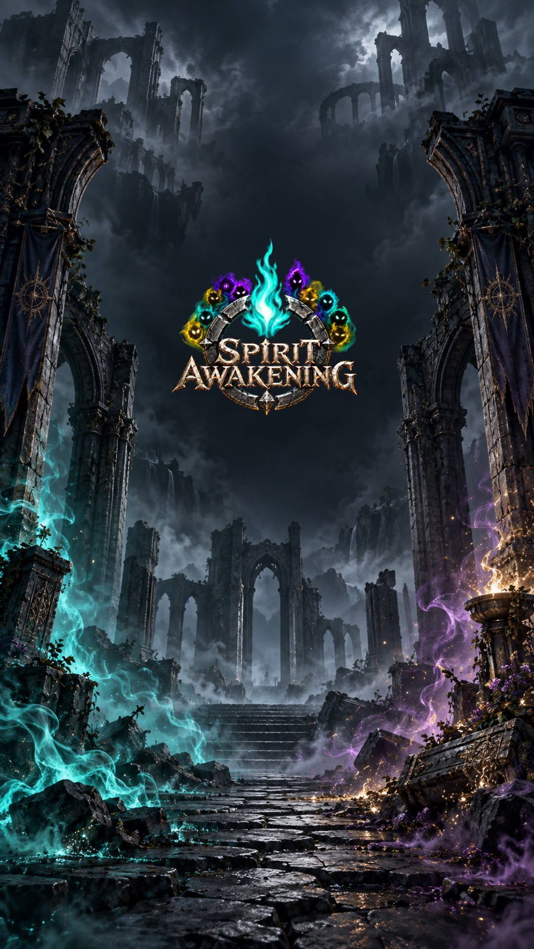 Spirit Awakening portrait wallpaper with ruined arches